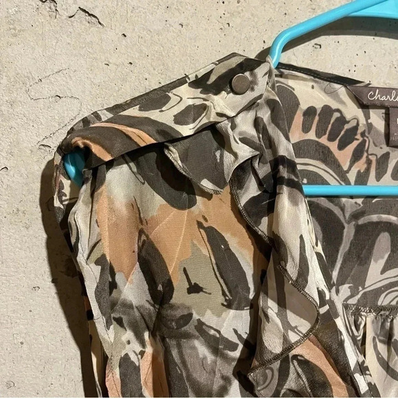 Charlie Jade 100% Silk Dress Tie Waist Ruffle Zip Front Abstract Pockets Size M - Picture 3 of 14